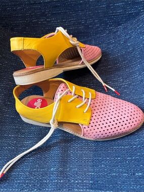 Rollie Nation Slingback Punch Leather Flats Pink Yellow Size 6 (EU 37)